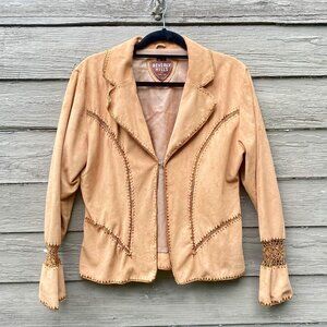Womens Vintage inspired Tan Boho Faux Suede Jacket-Open Front, Crochet/Lace SZ L